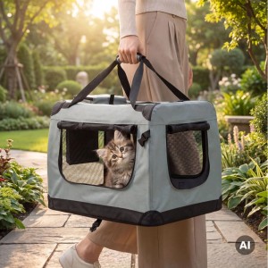 Fudajo faltbare Transportbox L grau mit neugieriger Katze am Gitterfenster, getragen im Garten.