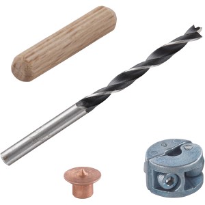 wolfcraft Dübel-Set, 31-teilig: Holzdübel, Bohrer, Tiefenstopp und Dübelfix für Holzverbindungen.