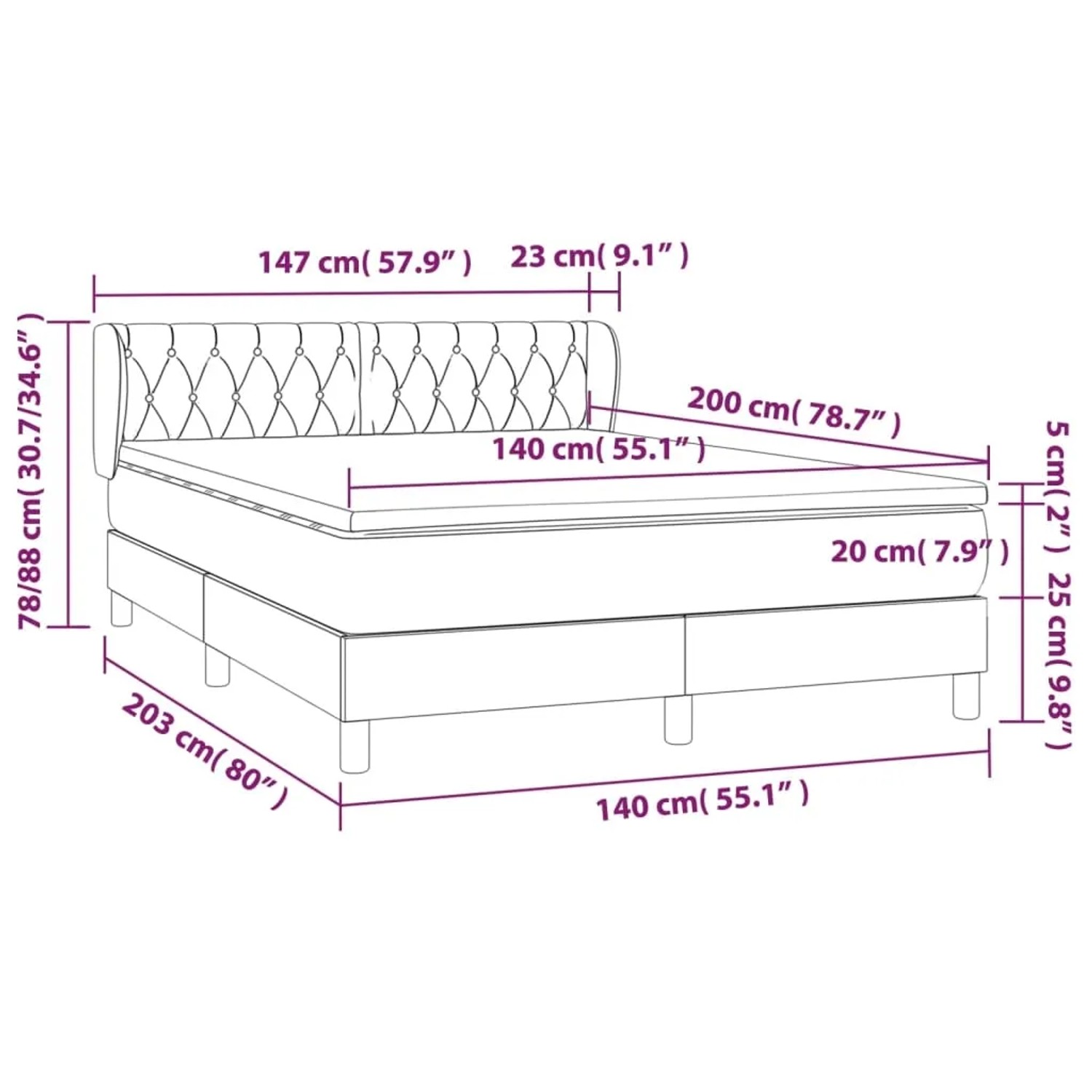 Skizze Boxspringbett Creme 140x200 cm mit Matratze und Kopfteil. Bett aus Stoff mit Füßen und Größenangaben.