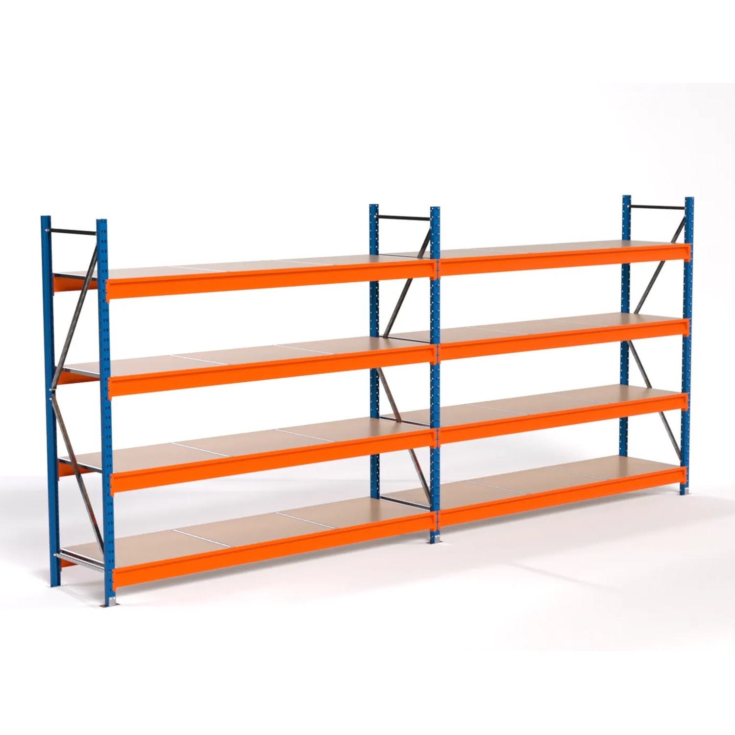 PROREGAL Industrie Weitspannregal Lagerregal MAXIMUS PRO Komplettregal 2 Felder HxBxT 200x450x60cm 4 Spanplatten-Fachboden Fachlast 610kg Blau/Orange