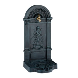 Grauer Relaxdays Standbrunnen aus Aluminiumguss mit Messing-Wasserhahn und Becken.