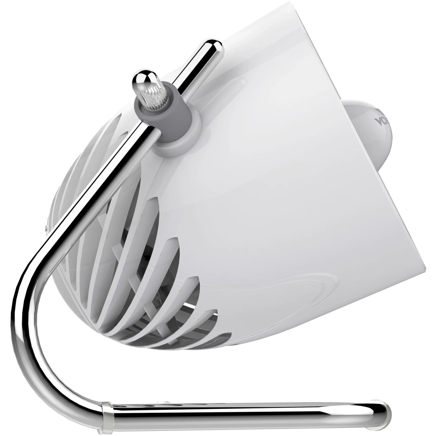 Vornado Pivot Tischventilator in Eisgrau mit Chrom-Standfuß, schwenkbar.