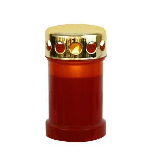 Rote LED Grabkerze mit goldfarbenem Deckel und flackerndem Licht, 14cm hoch.