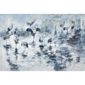 Bricoflor Fototapete mit Kranichen in Weiß und Blau, asiatisches Gemälde für Wohn- und Schlafzimmer.