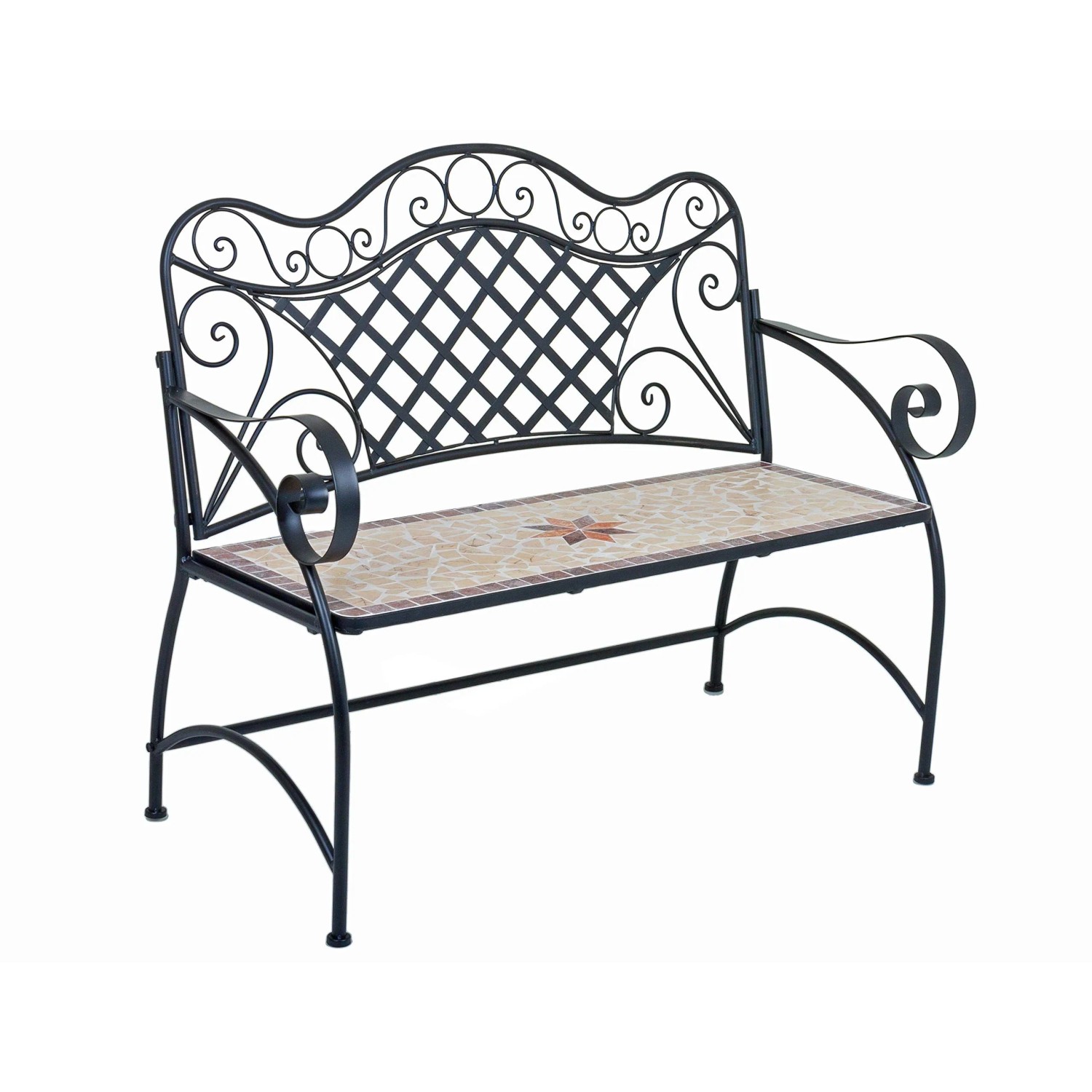 DELUKE Gartenbank RANIA Mosaik 115cm Breit Eisen Braun Terrassenbank Wetterfest Sitzbank Outdoor Bank