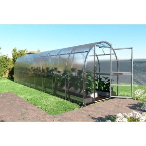 Klasika Slim Gewächshaus 16m² mit Polycarbonat, Tür geöffnet. Ideal für den Garten.