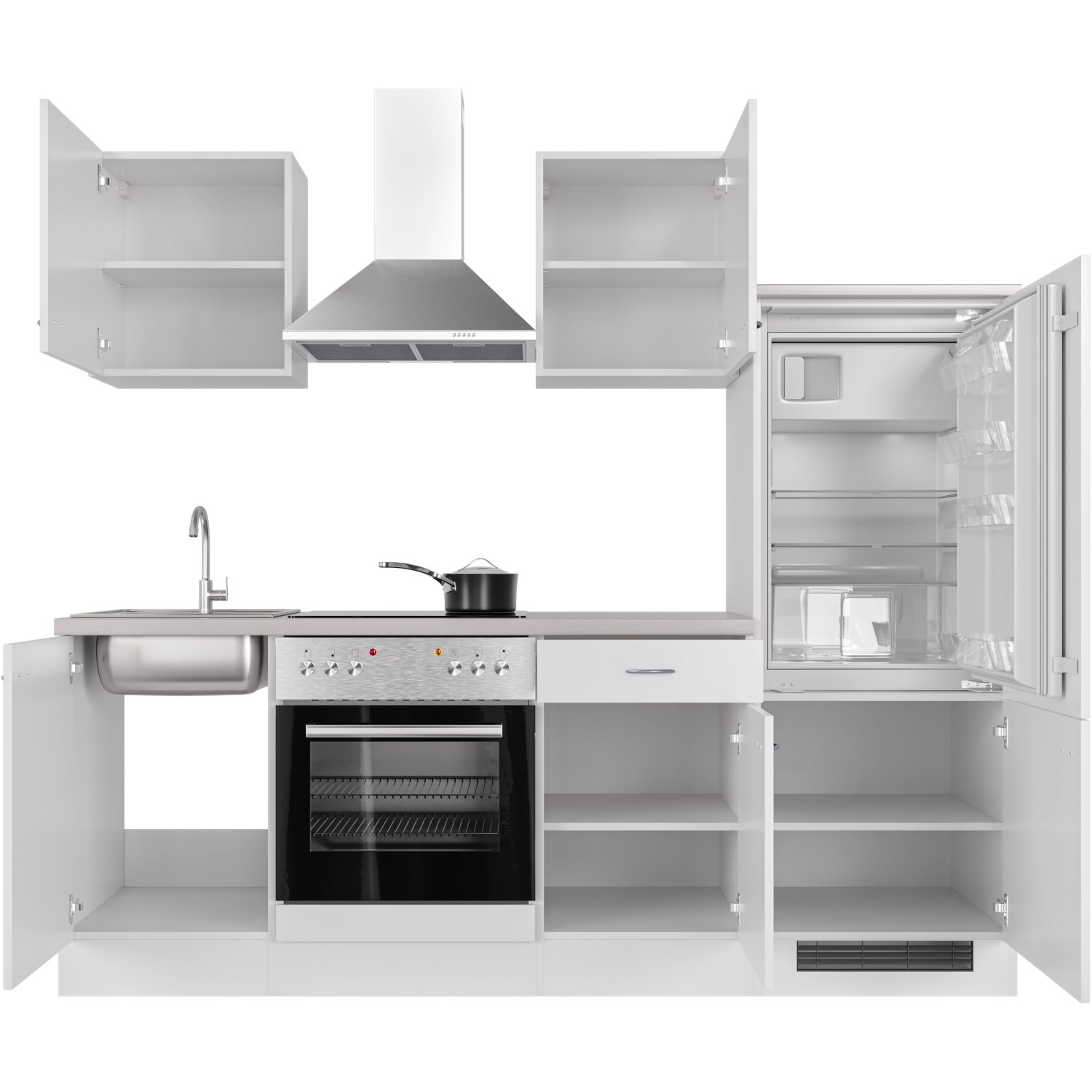 Weiße Flex-Well Küchenzeile Wito, 220 cm breit, mit E-Geräten wie Herd, Kühlschrank und Dunstabzugshaube.