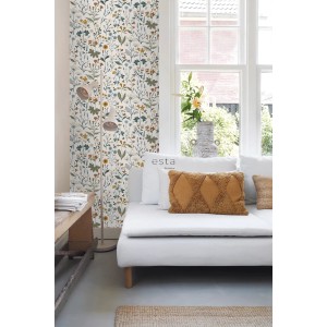 ESTAhome Tapete Feldblumen Ockergelb Graugrün und Vintage Blau 53 cm x 10.05 m