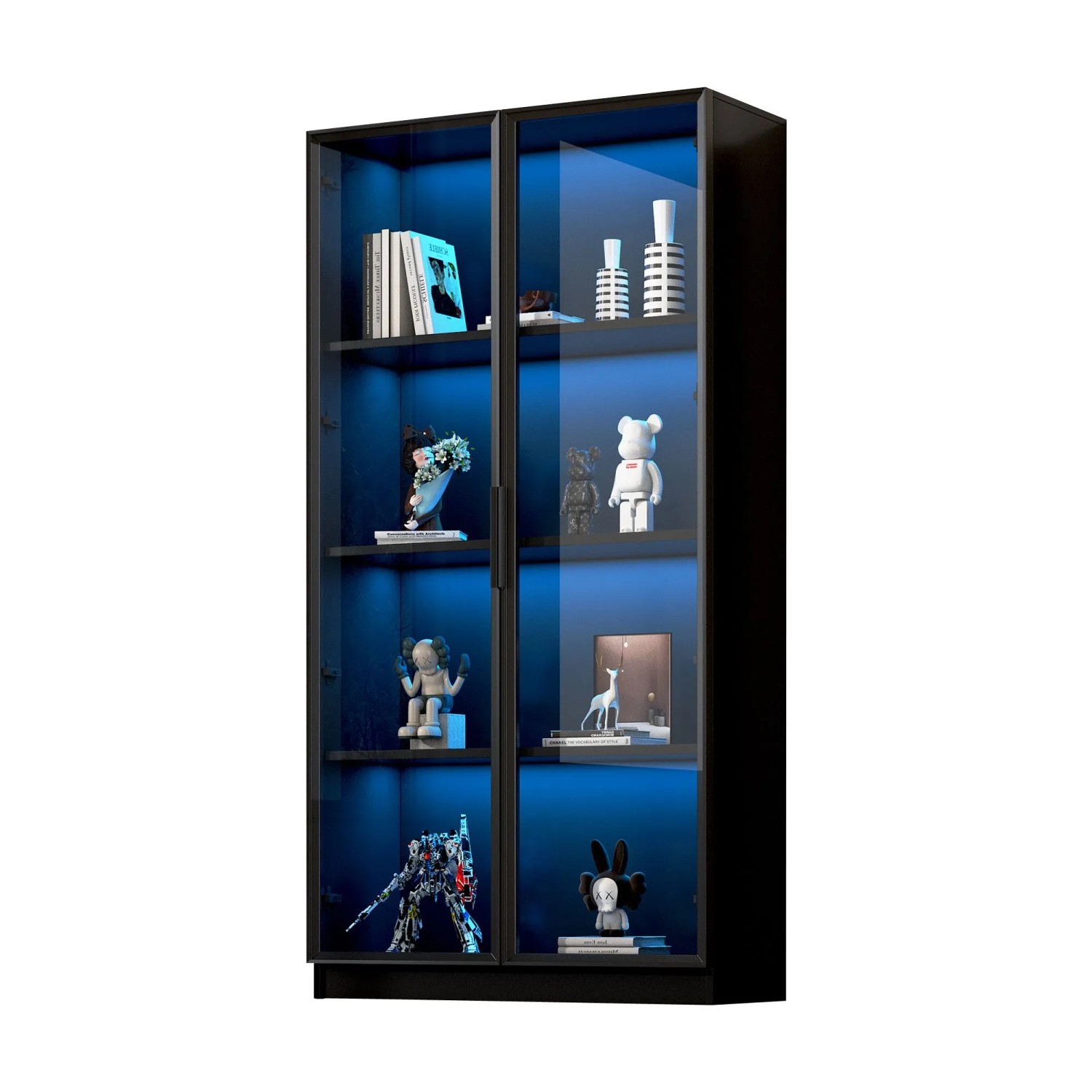 ModernLuxe Vitrine mit Led Beleuchtung 2 Türen Verstellbaren Ablagen Spanplatte Schwarz