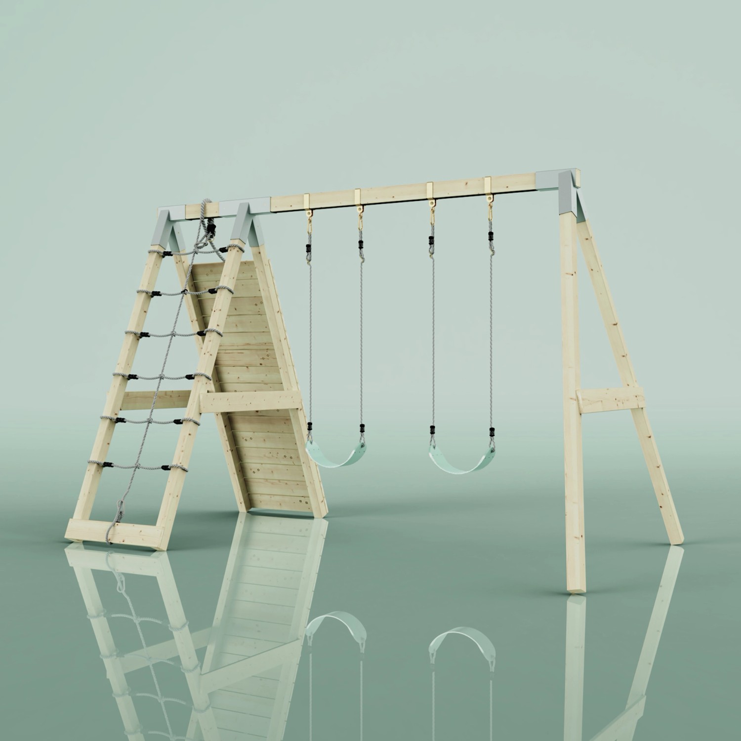 PolarPlay Klettergerüst Biene mintgrün mit Kletterwand und Schaukeln.