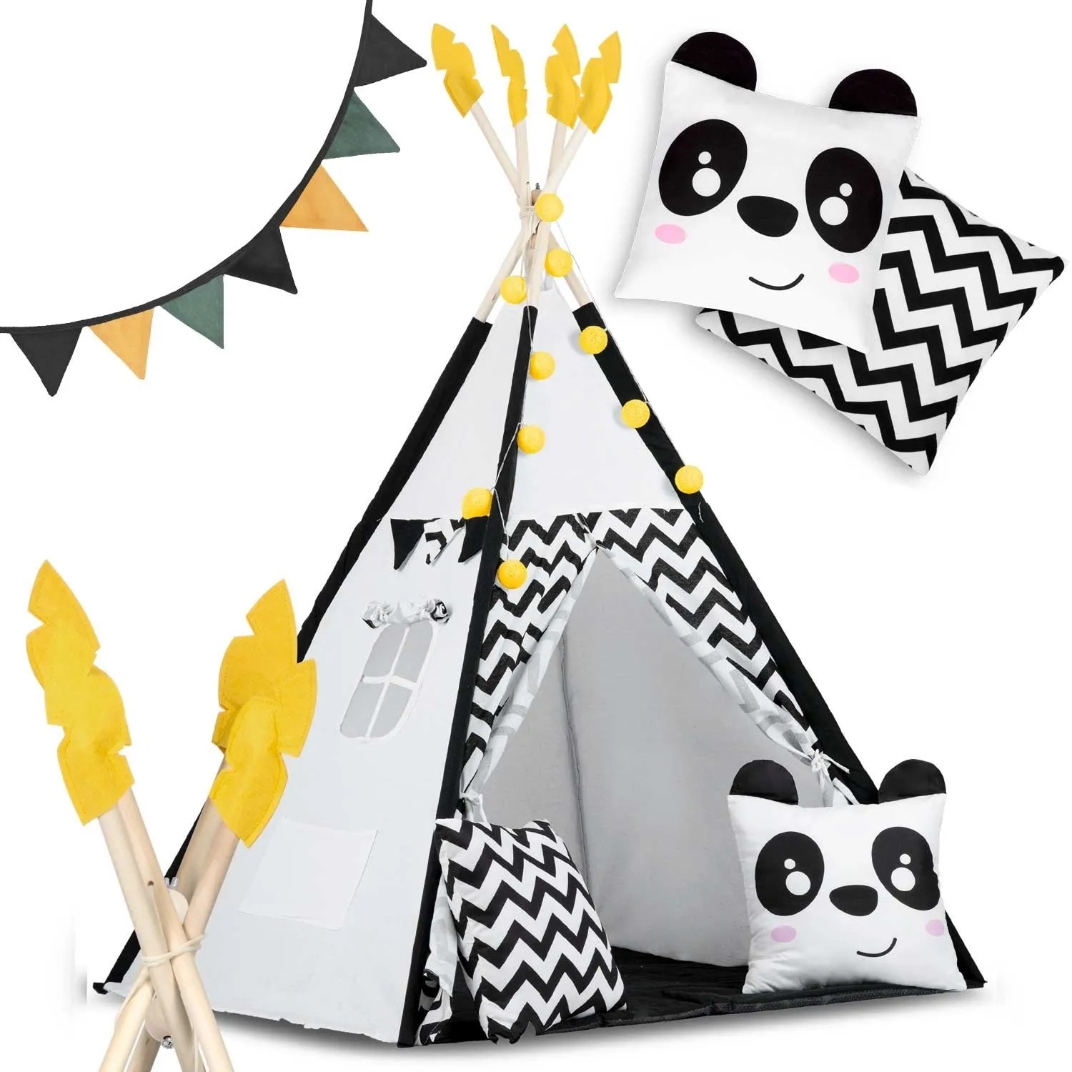 Nukido Tipi Zelt Für Kinder Mit Girlande Und Lichterkette In Schwarz Weiß Mit Panda Motiv
