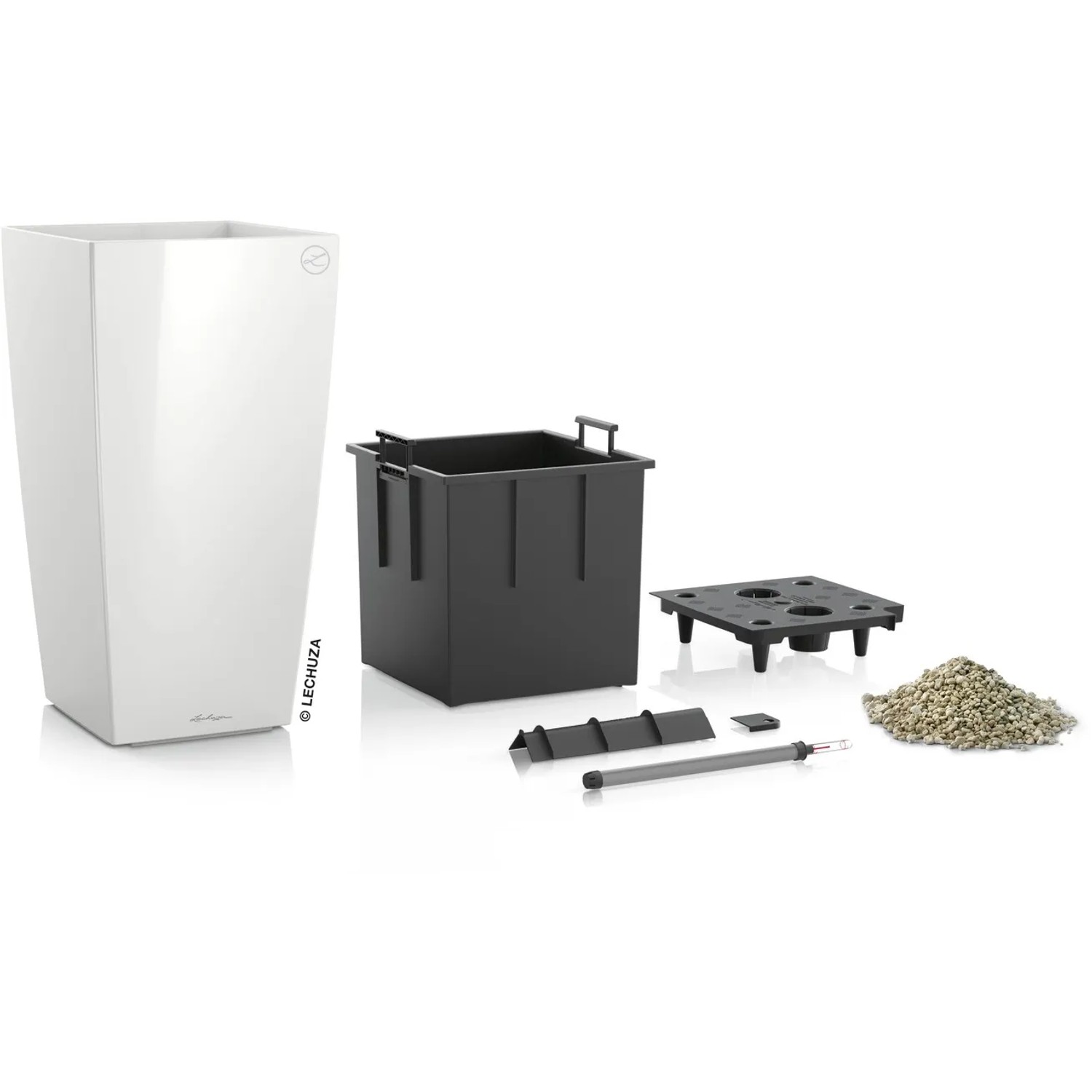 Lechuza Cubico Premium 30, weißes Pflanzgefäß mit Bewässerungssystem und Zubehör.