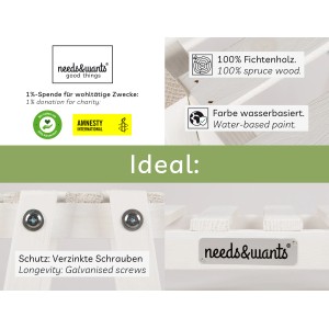 Detailaufnahme: needs&wants Pflanzenregal Bloomy1, weiß lasiertes Fichtenholz, verzinkte Schrauben.