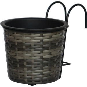 Anthrazit-grauer Polyrattan Balkontopf 19x19x22 cm zum Einhängen für Balkonpflanzen.