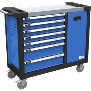 Blauer Güde Werkstattwagen Premium GWPV 7/1 mit 7 Schubladen und Edelstahl-Arbeitsfläche.