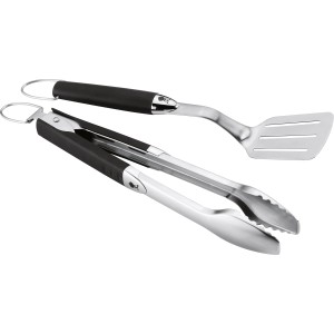 Weber Grillbesteck-Set, 2-teilig: Grillzange und Wender aus Edelstahl mit schwarzen Griffen.