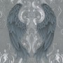 Glööckler Vliestapete Imperial Engelsflügel Silber-Blau mit Krone auf grauem Grund.