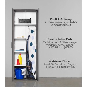 Anthrazitfarbener mokebo Besenschrank mit Putz- und Reinigungsutensilien. Haushaltsschrank mit Staubsauger und Bügelbrett.