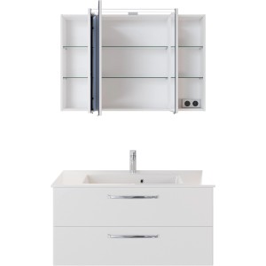 Pelipal Badmöbel-Set Trentino, 107 cm, Weiß Hochglanz, 3-teilig mit Waschbecken, Unterschrank und Spiegelschrank.