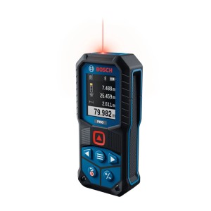 Präziser Bosch Laser-Entfernungsmesser GLM80-35C in Blau-Schwarz mit rotem Laserstrahl und digitaler 80m-Anzeige.