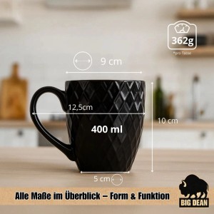 BigDean 6 Stück Kaffeetassen 400ml Schwarz Matt Kaffeebecher Keramik Hochwertiges Kaffeetassen Set Modernes Tassen Set In Geschenkbox