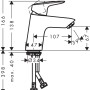 Technische Zeichnung: Hansgrohe Logis 70 Waschtischarmatur mit Maßen und Anschlüssen.