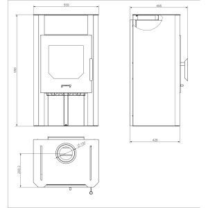 Technische Zeichnung Wamsler Cube Kaminofen, Stahl schwarz, Maße: 55,9x49,5x95,6 cm.