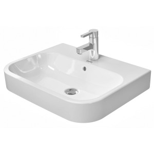 Weißes Duravit Aufsatzwaschbecken Happy D.2, 60 cm, mit Hahnloch und Armatur.