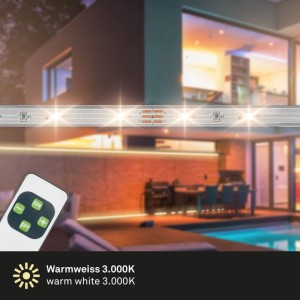 Brilo Outdoor LED-Strip, 5m, warmweiß, mit Fernbedienung an Hauswand.
