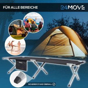 Klappbares 24MOVE Campingbett/Feldbett mit Tragetasche, belastbar bis 200 kg.