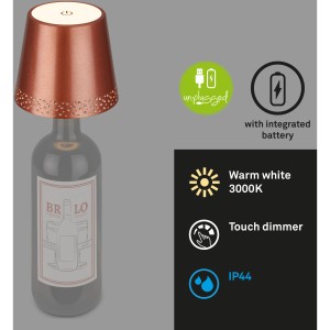 Brilo Akku-Flaschenlicht Flaska, Kupfer-Matt, auf Flasche. Dekoleuchte mit warmweißem Licht und Touchdimmer.
