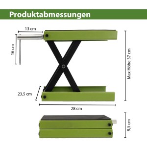 TRUTZHOLM Motorradheber, grün, aus Stahl, mit Maßangaben für Höhe und Breite.