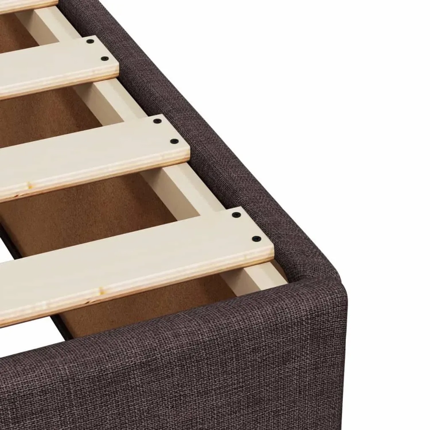 Detailansicht Boxspringbett dunkelbraun mit Lattenrost. Bett aus Stoff.