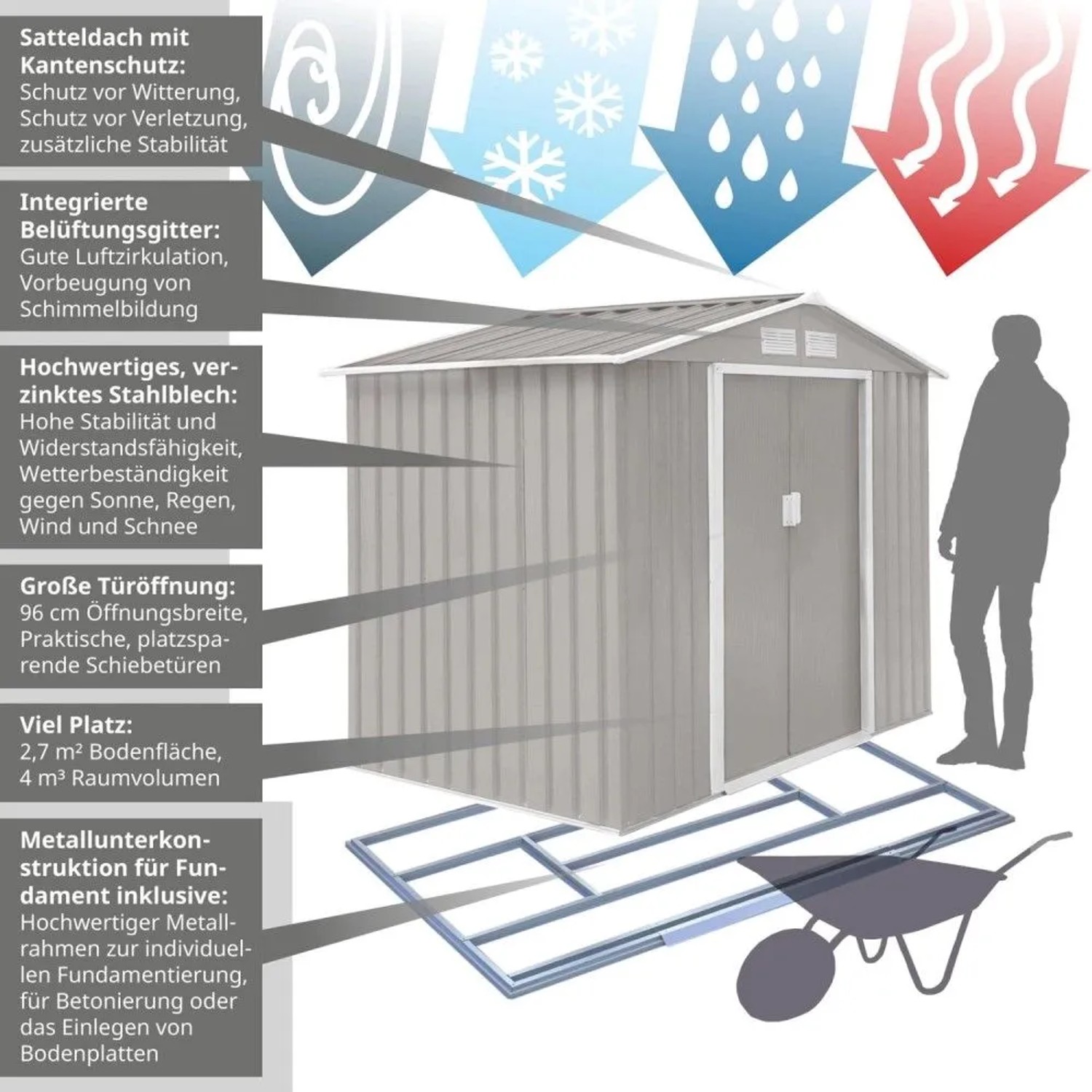 Hattoro S100 Metall Gerätehaus XL in Hellgrau mit Satteldach, Schiebetüren und Fundamentrahmen für den Garten.