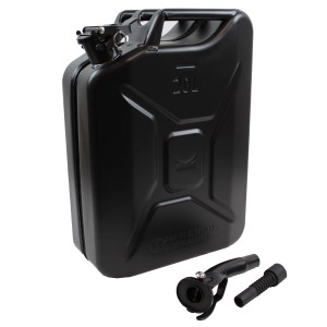Schwarzer Metallkanister (20 Liter) mit Ausgießer und Halter von TRUTZHOLM für Pannenhilfe.