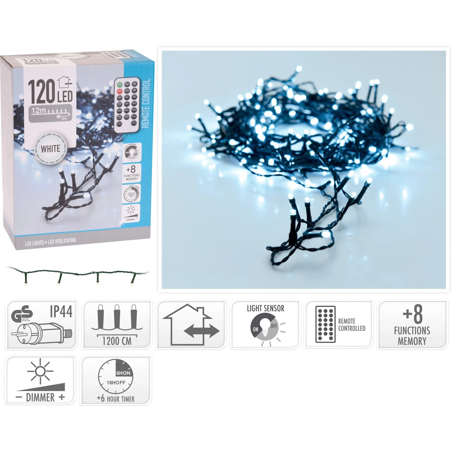 LED-Lichterkette 120 kaltweiße LED mit Sensor für innen und außen