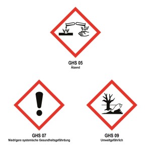 Gefahrensymbole für Planet Aquafair Desinfect & Protect Oxypure: Ätzend, Gesundheitsgefährdung, Umweltgefährlich.