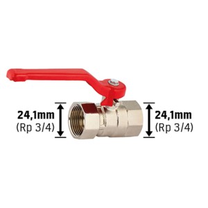 Kugelhahn Ø 24,1 mm (Rp 3/4) IG aus Messing mit rotem Hebel.