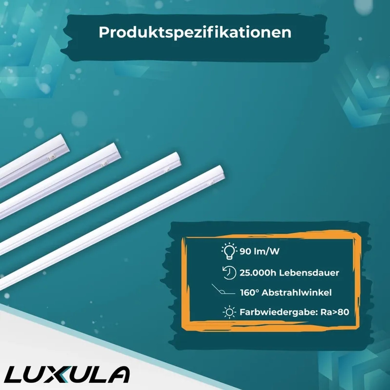 LUXULA LED Unterbauleuchten: Mehrere weiße LED Leisten mit Produktspezifikationen im Überblick.