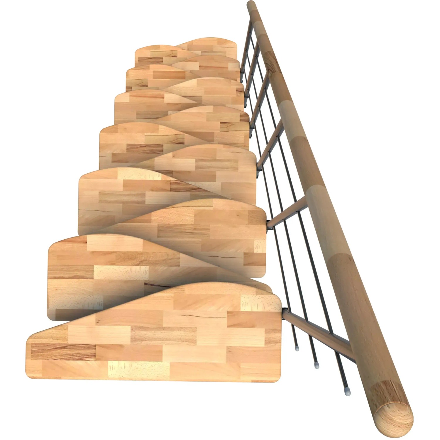 Minka Raumspartreppe Quatro Buche Schwarz, Ansicht von unten. Innentreppe mit Holzstufen und schwarzem Geländer.