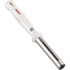 Leifheit Apfelentkerner mit weißem Griff und gezacktem Edelstahl-Ausstecher.