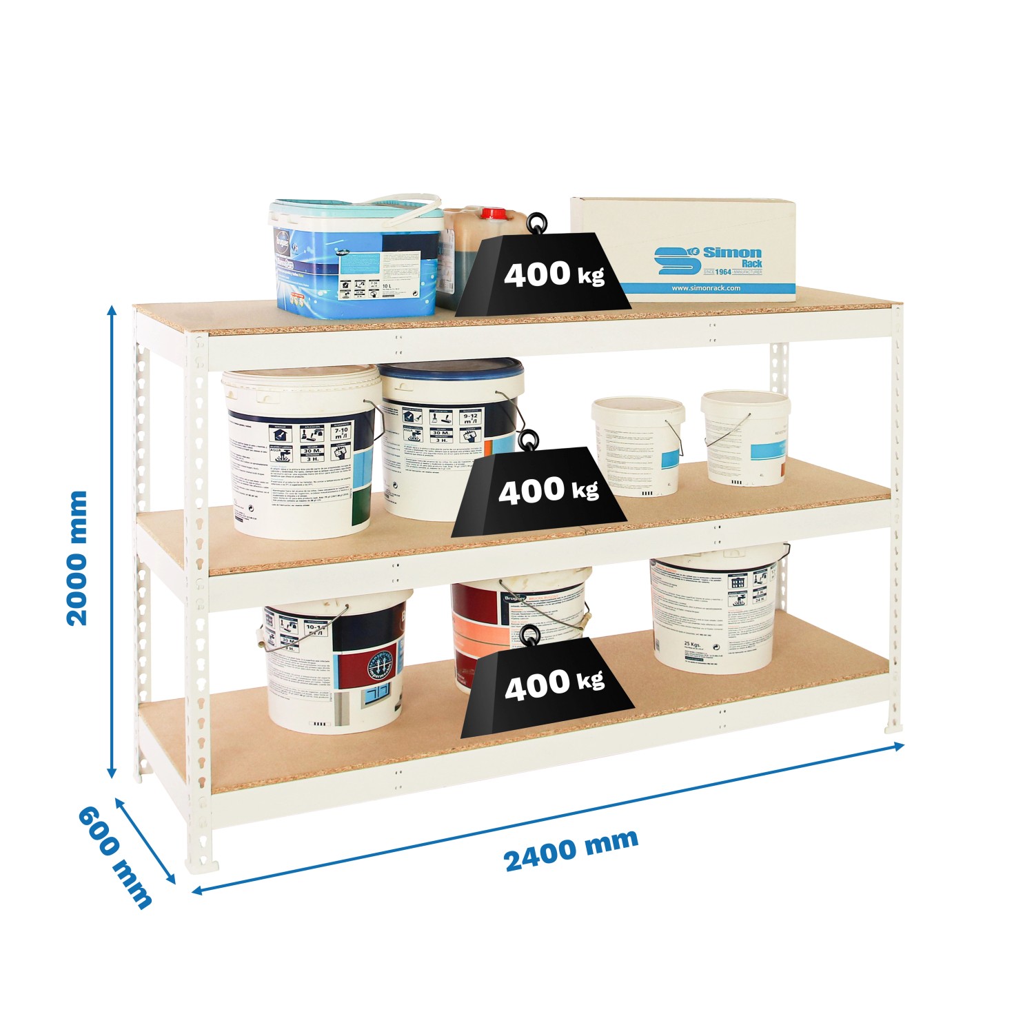 PROREGAL Schwerlastregal Wood Beast, 200x240x60cm, mit 3 Holzböden und weißem Metallrahmen, belastbar mit 400kg.