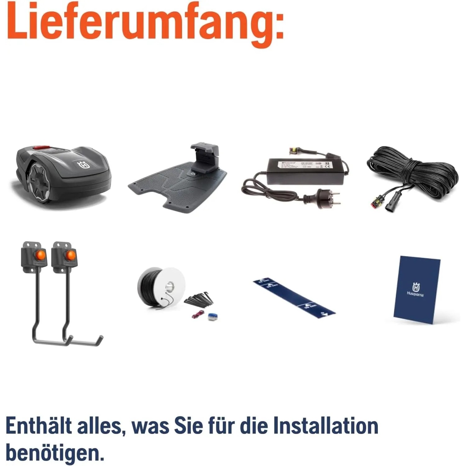 Lieferumfang Husqvarna Aspire R4 Mähroboter: Ladestation, Netzteil, Begrenzungskabel, Haken, Anleitung.