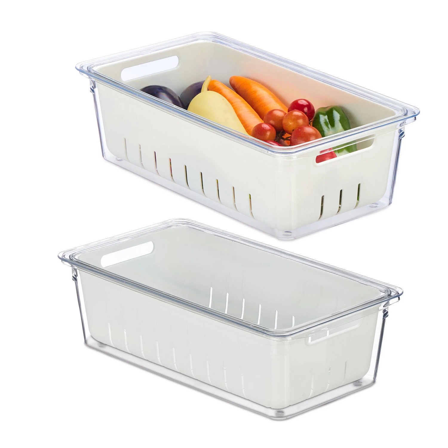 Relaxdays Kühlschrank Organizer 2er Set Kunststoff Transparent Weiß Stapelbar Mit Deckel 32 cm x 17,5 cm x 10 cm 0,6 kg