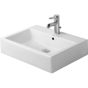 Weißes Duravit Vero Handwaschbecken, 60 cm breit, mit Hahnloch und Überlauf.