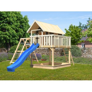 Karibu Stelzenhaus Fidel Grau mit Schaukel, Klettergerüst, Netzrampe und blauer Rutsche.