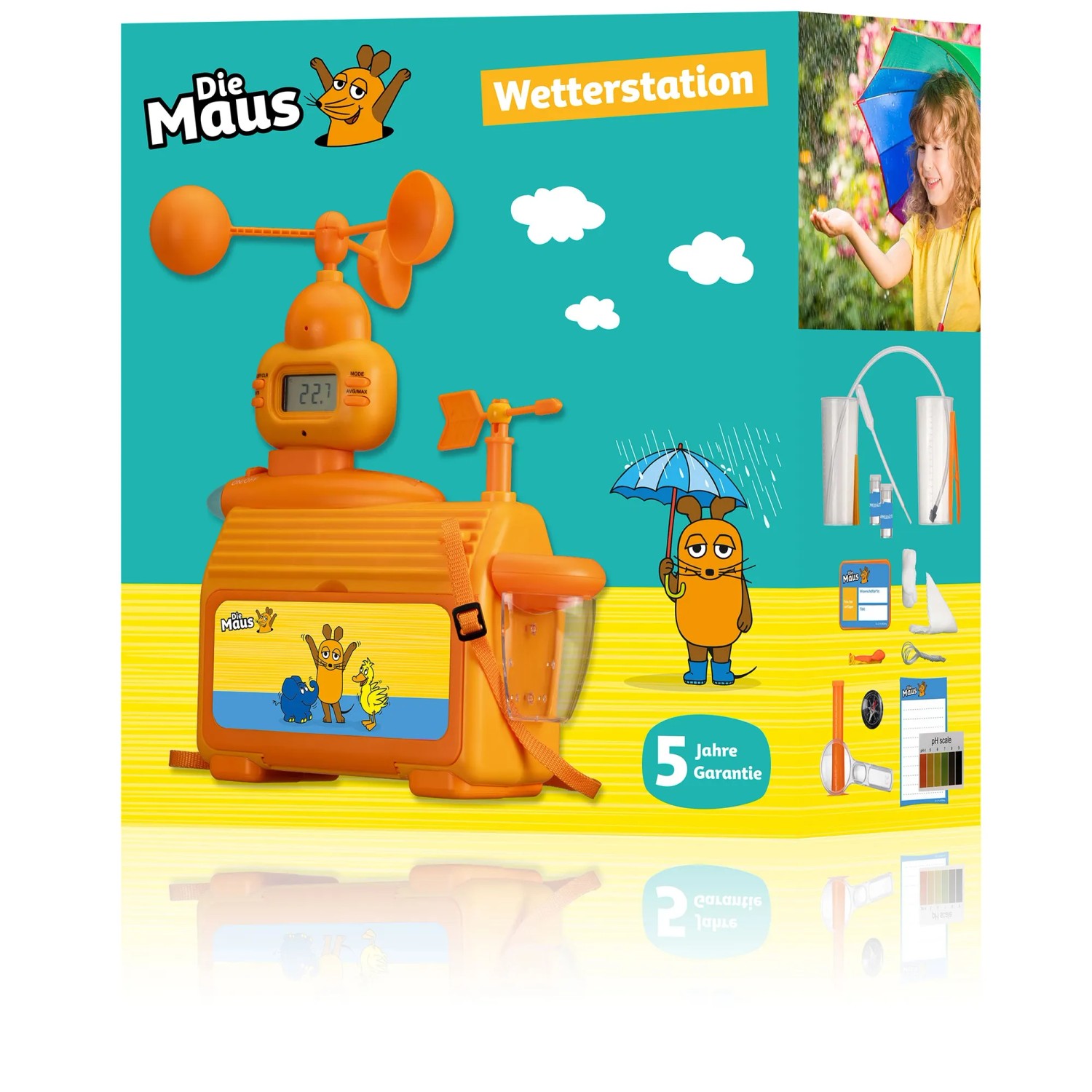 DieMaus Wetterstation für Kinder mit Zubehör zur Wetterbeobachtung und Experimenten.