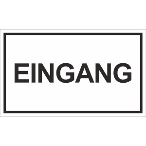 Weißes Hinweisschild mit schwarzer Aufschrift „Eingang“, 25x15 cm.