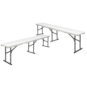 AMANKA Bierzeltgarnitur: 2 weiße Bierbänke aus Kunststoff mit Klappgestell.