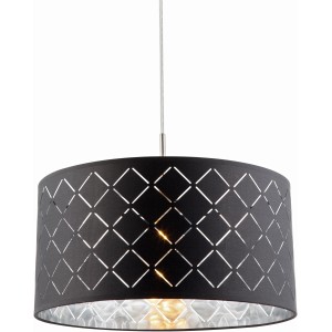 Moderne Globo Pendelleuchte KIDAL in Nickel matt mit grauem Textilschirm und Dekorstanzungen.